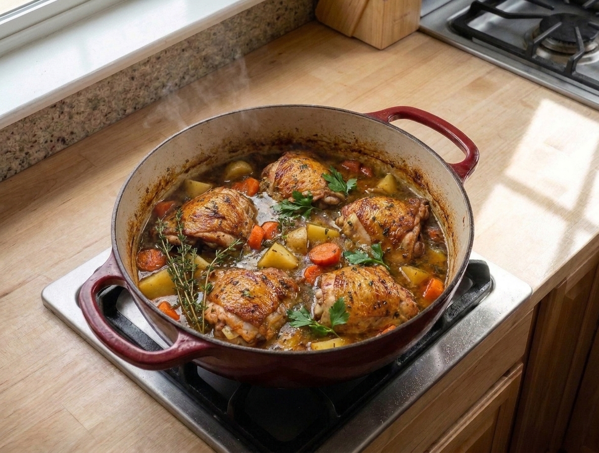 Stewed chicken thighs simmering with potatoes and carrots in a Dutch oven, broth reduced and glossy near the end of cooking