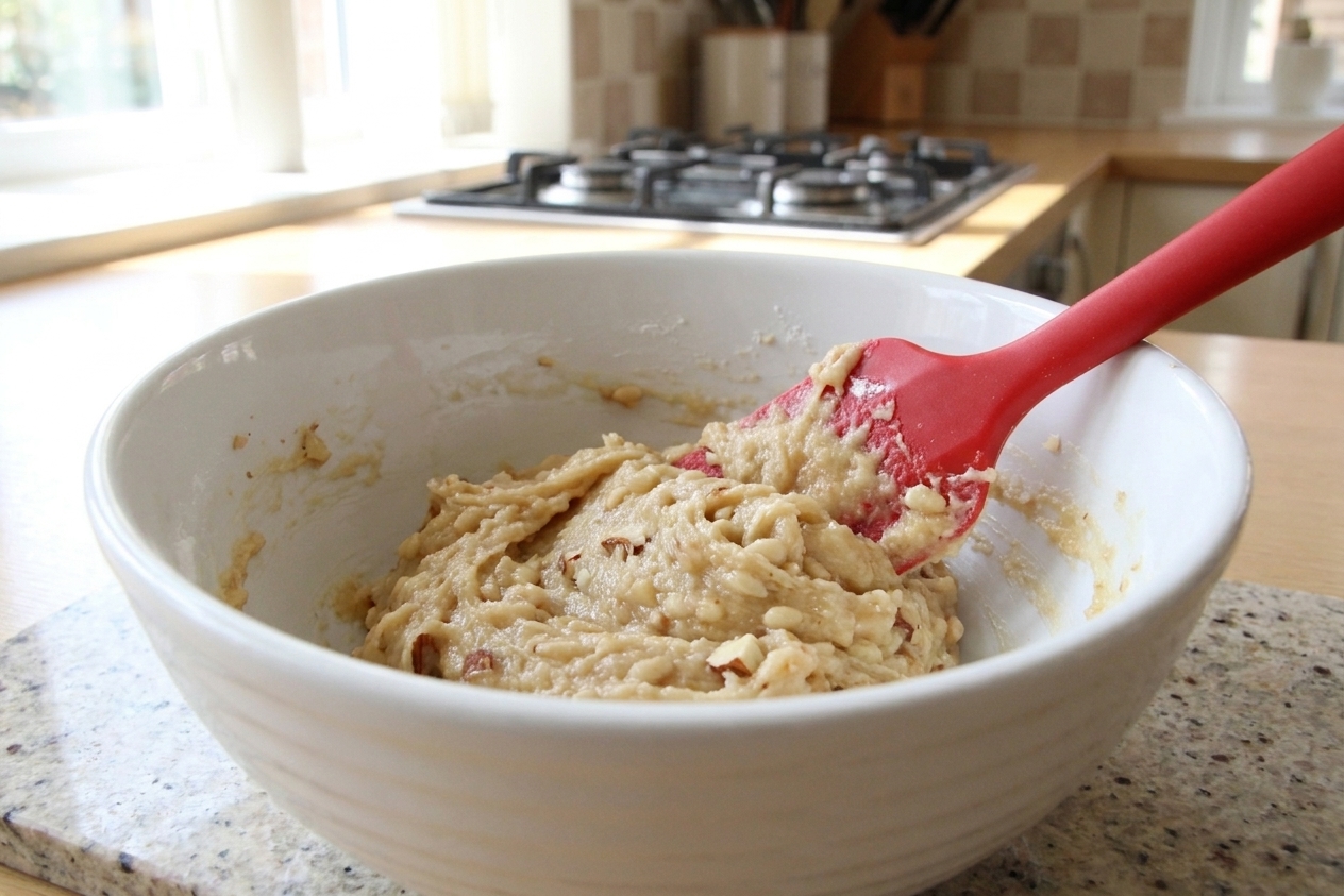 Sticky almond paste cookie dough being mixed in a white bowl with a rubber spatula on a stone countertop