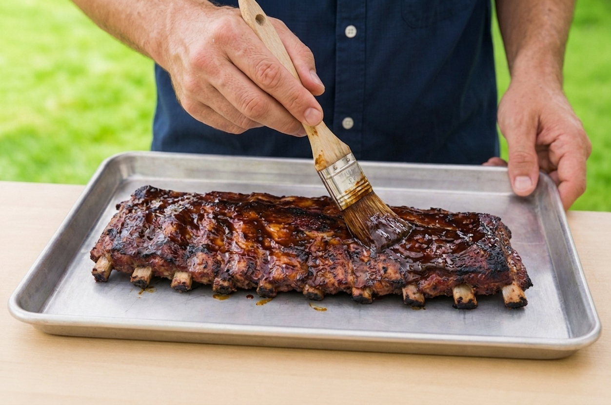 Sticky barbecue glaze being brushed over roasted pork spare ribs on a sheet pan