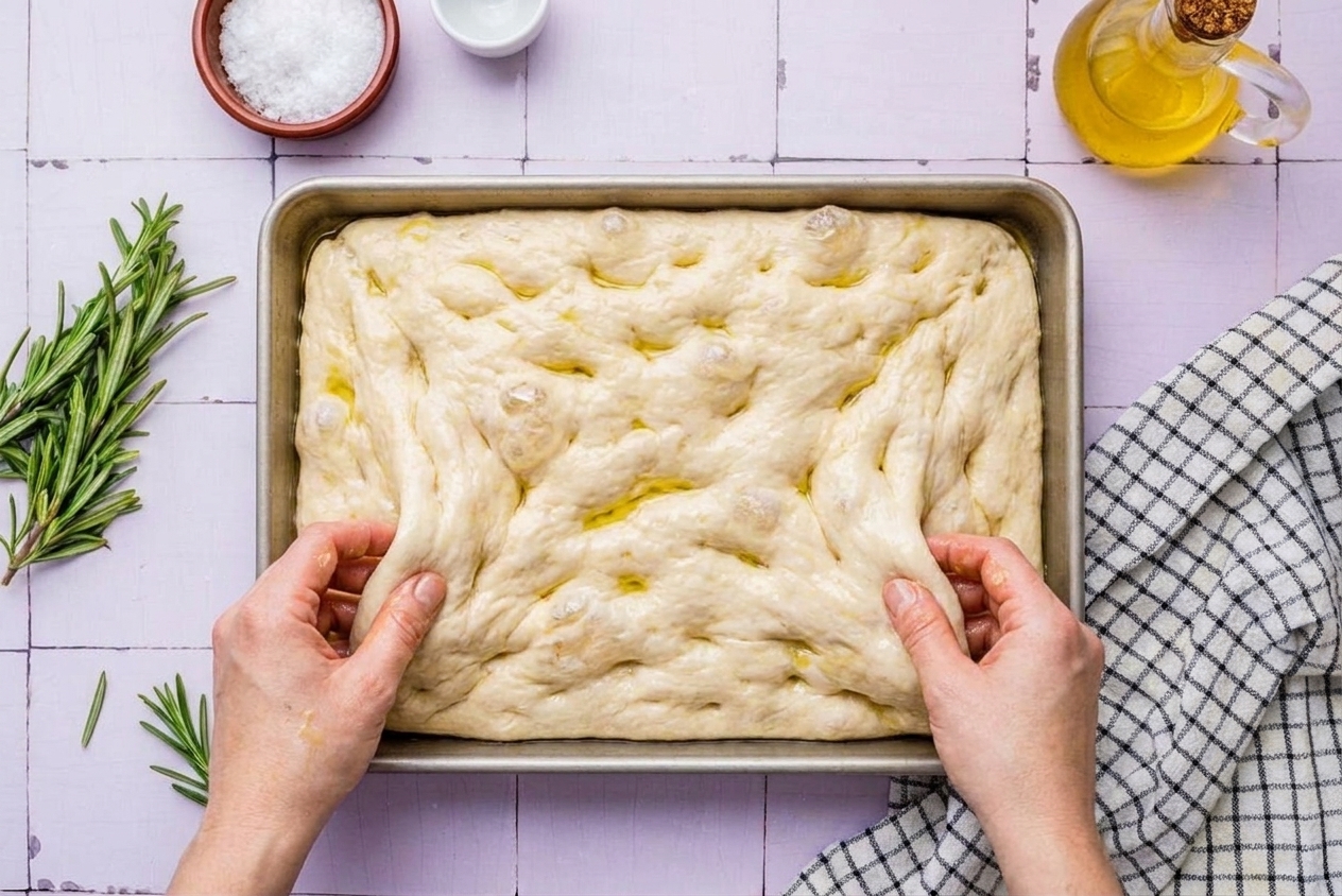 Sticky focaccia dough being gently stretched toward the corners of an oiled 9x13-inch baking pan
