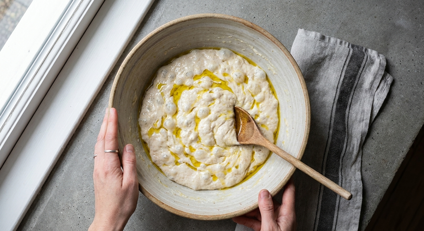 Sticky focaccia dough in a large mixing bowl with a wooden spoon and a drizzle of olive oil on the surface