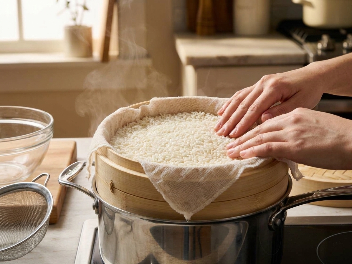 Sticky rice spread in a lined steamer basket over a pot of simmering water in a home kitchen