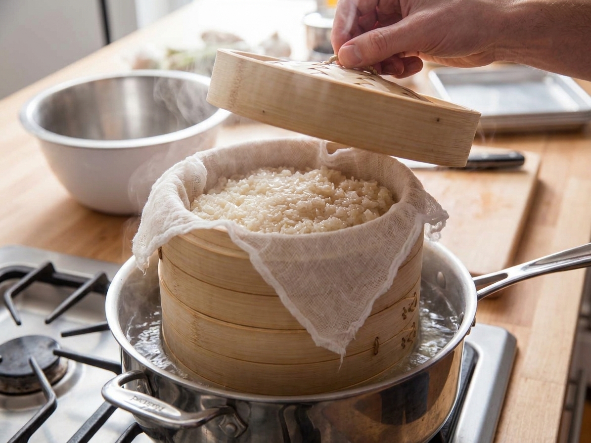 Sticky rice steaming in a lined bamboo steamer basket over a pot of simmering water on a stovetop