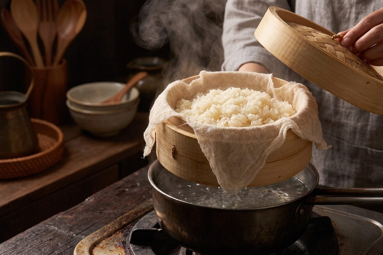 Sticky rice steaming in a lined steaming basket set over a pot of simmering water on a stovetop