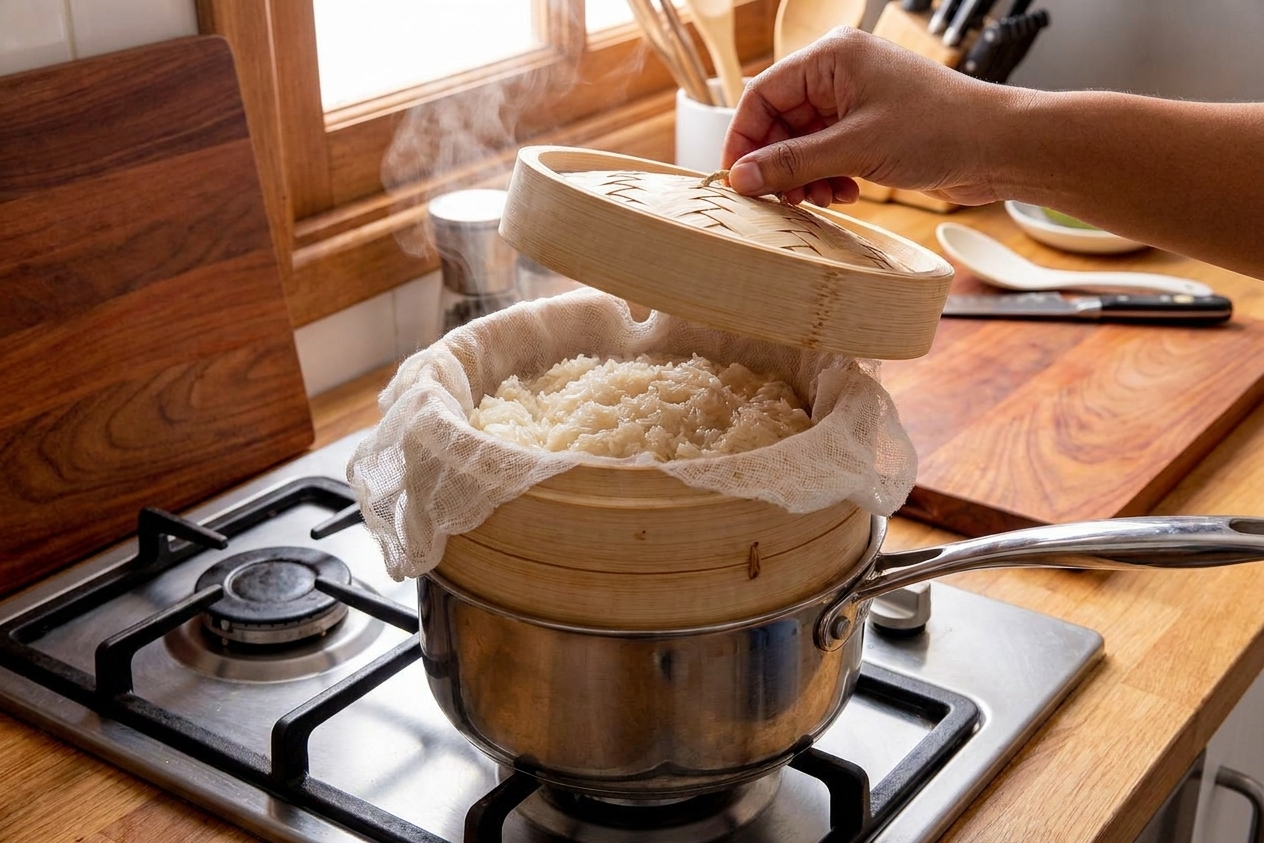 Sticky rice steaming in a pot setup, wrapped in cheesecloth inside a steamer basket over simmering water on a home stove with consistent warm kitchen lighting