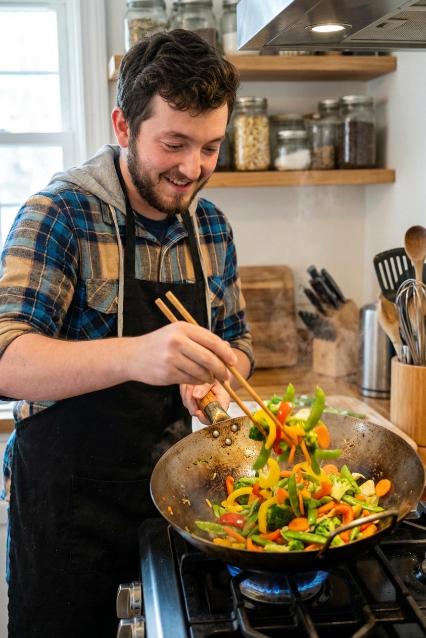 Stir fried vegetables in a wok with chopsticks