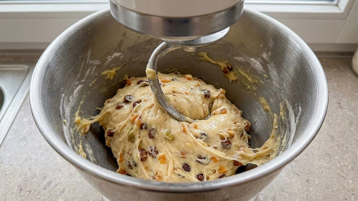Stollen dough mixing in a stand mixer bowl with a dough hook, the dough soft and slightly glossy