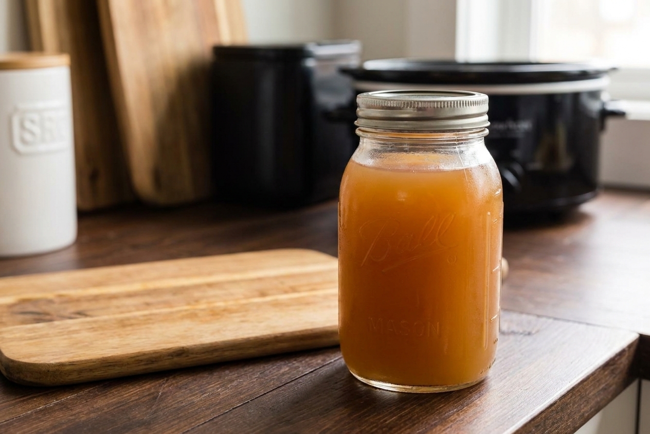 Strained apple cider cooled and poured into a glass jar with a lid on a kitchen counter, ready for refrigeration