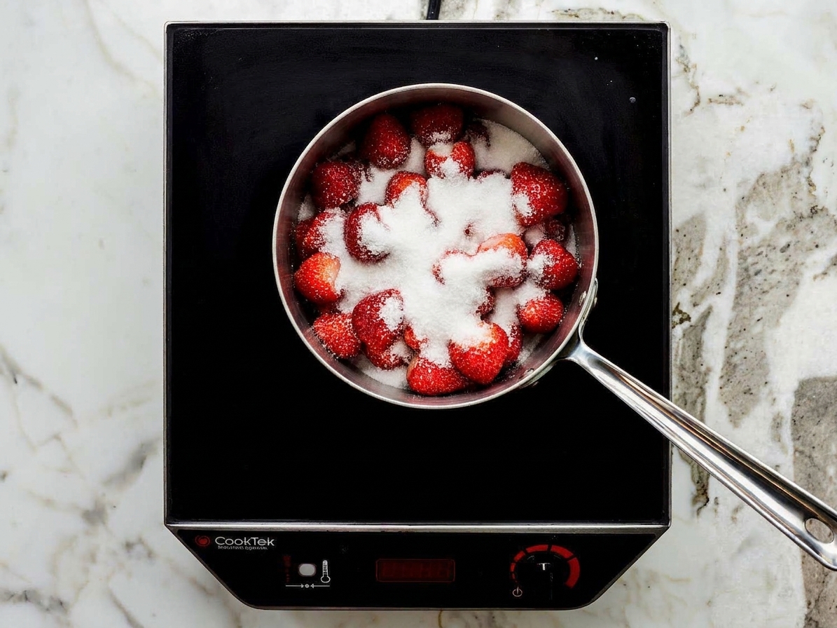 Strawberries and sugar in a small saucepan on a stovetop just before cooking, with sugar visible on top of the fruit