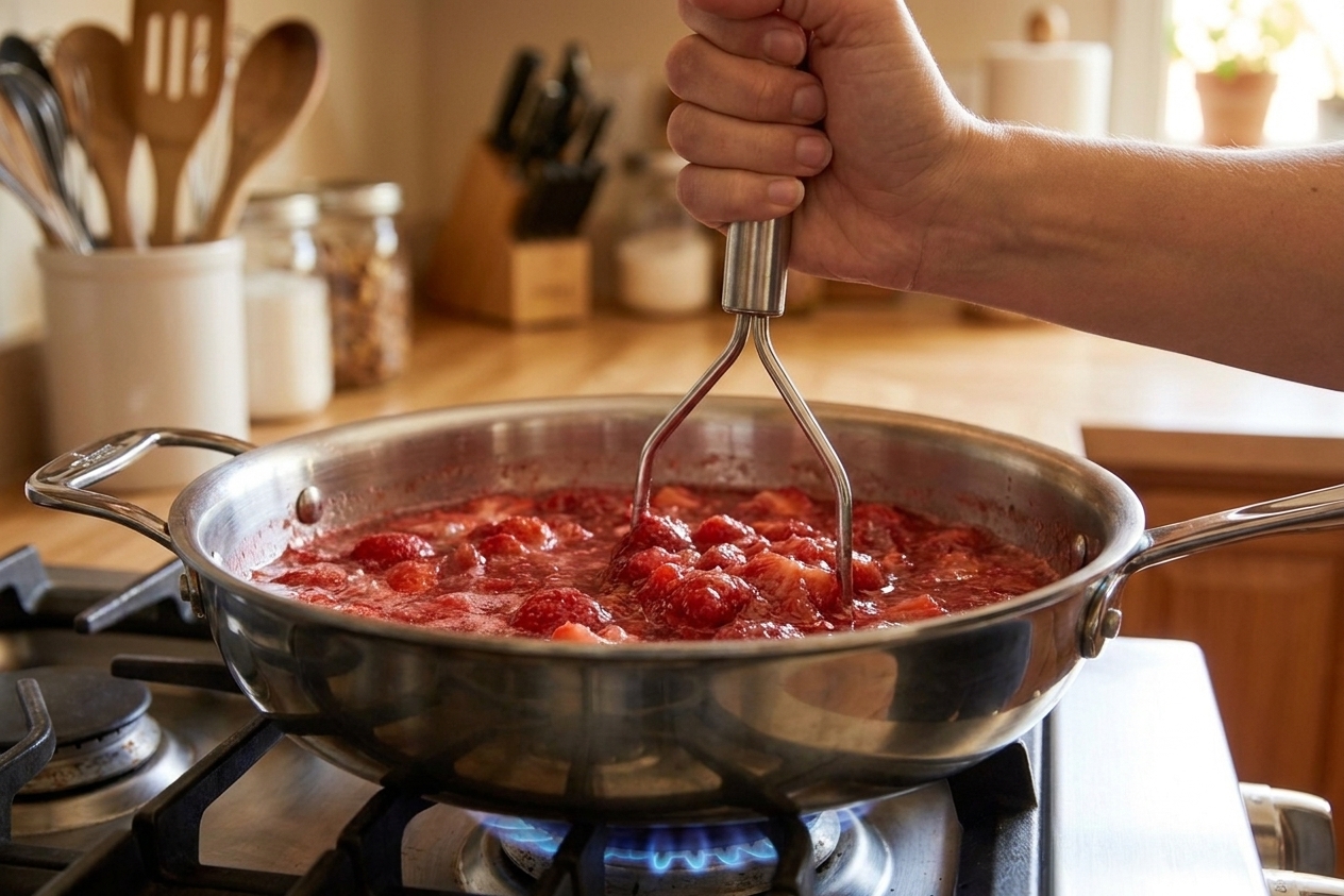 Strawberries being mashed with a potato masher in a large stainless steel pot on a stovetop