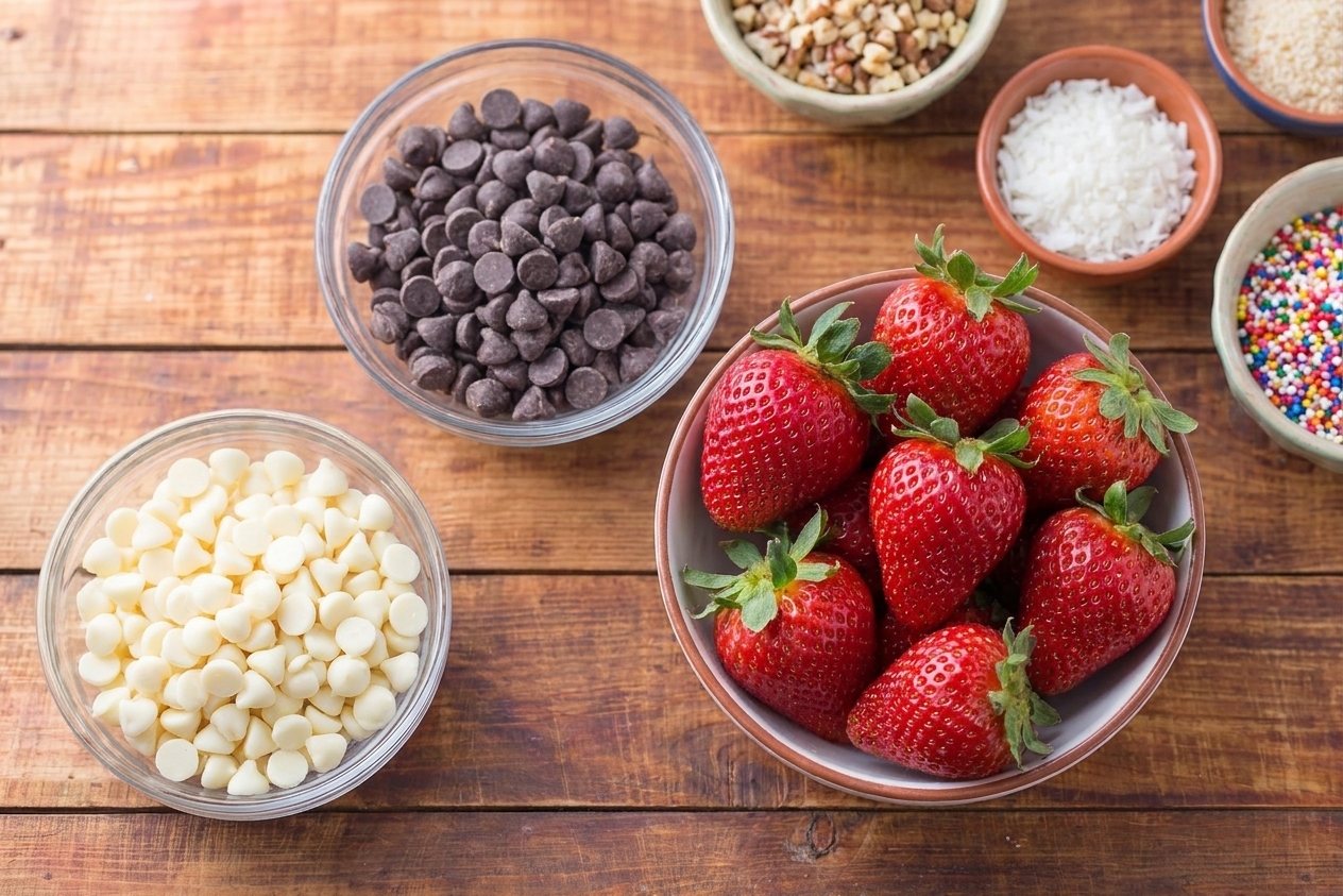 Strawberries, bowls of dark chocolate chips and white chocolate chips, and small bowls of toppings arranged on a clean kitchen counter
