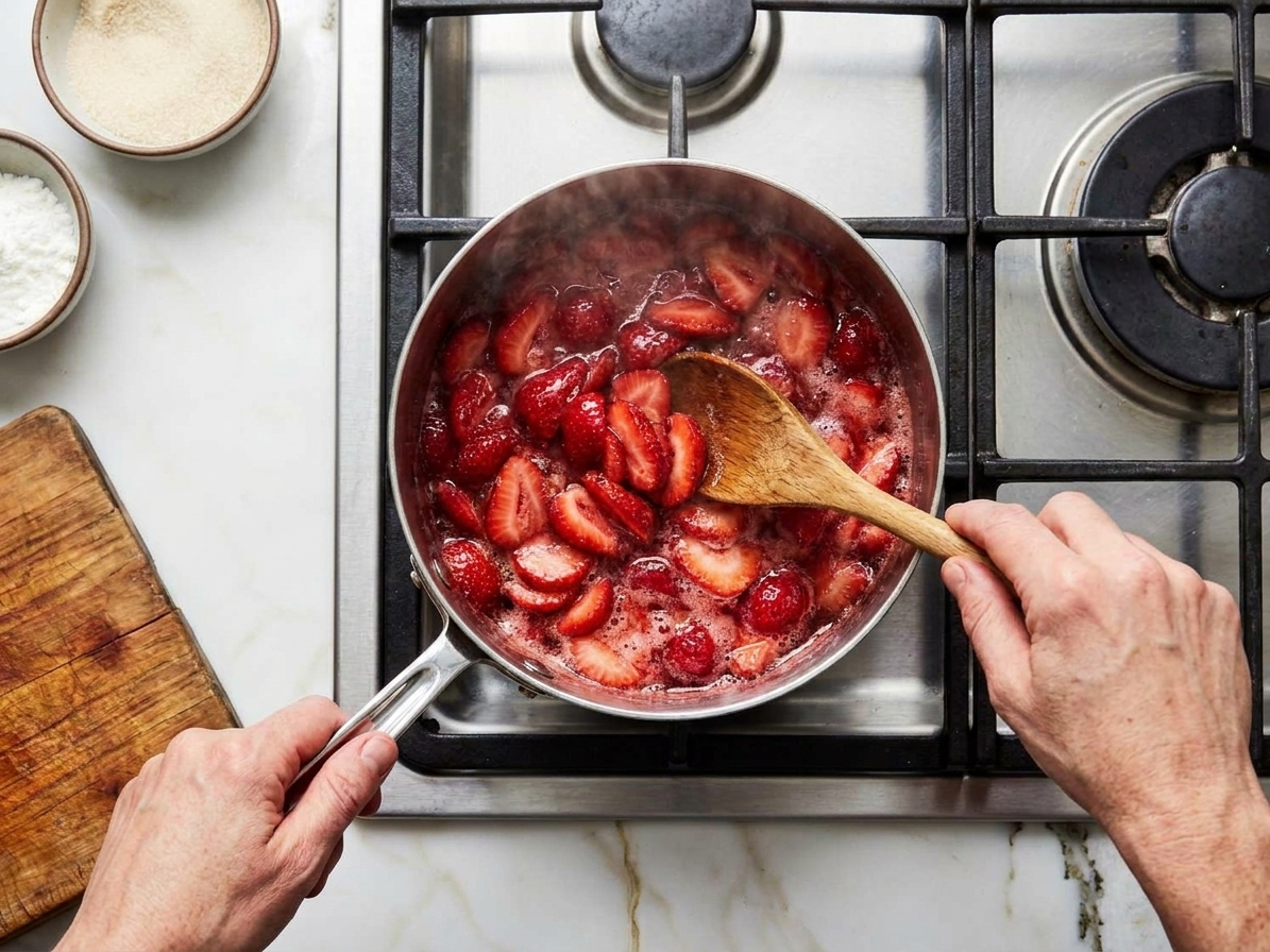 Strawberries simmering in a saucepan with a wooden spoon stirring, steam rising on a home stove