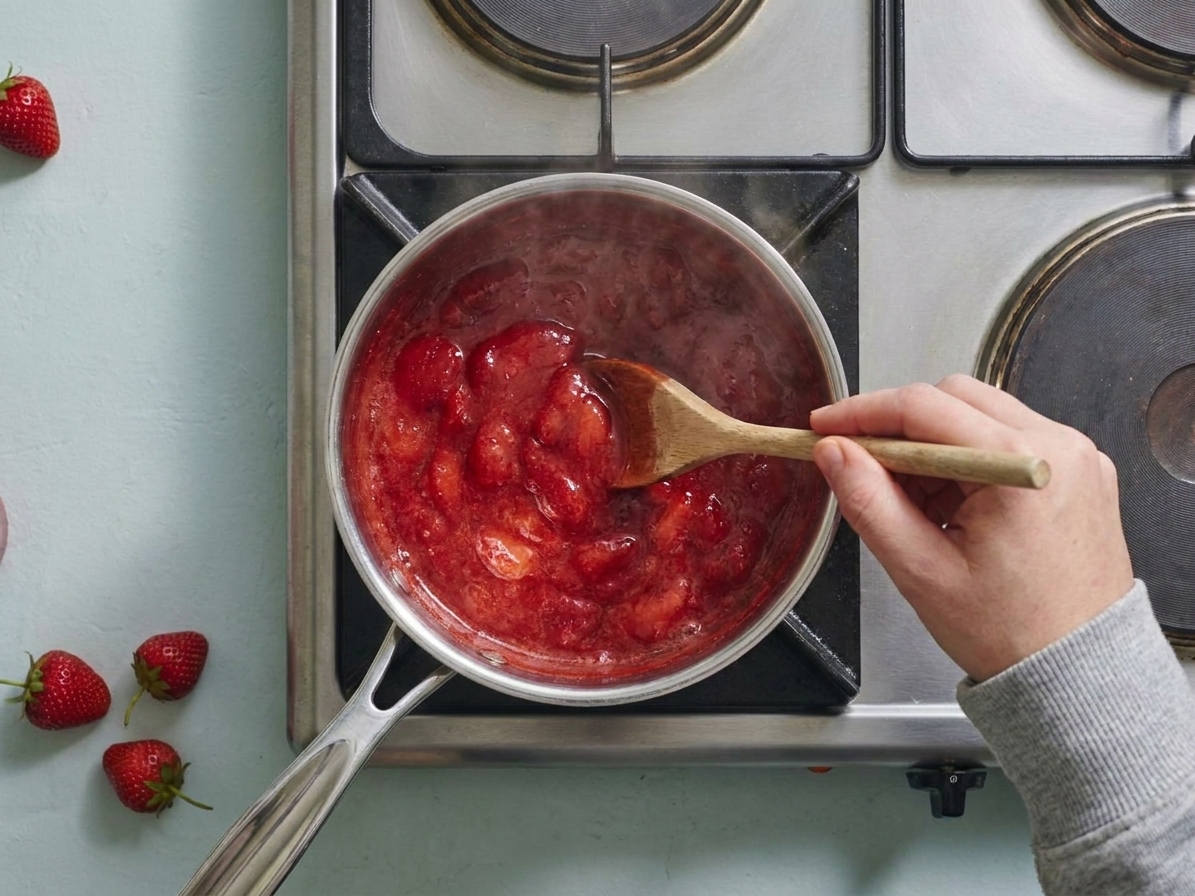 Strawberries simmering into a thick, glossy swirl in a small saucepan on a stovetop, with a wooden spoon stirring