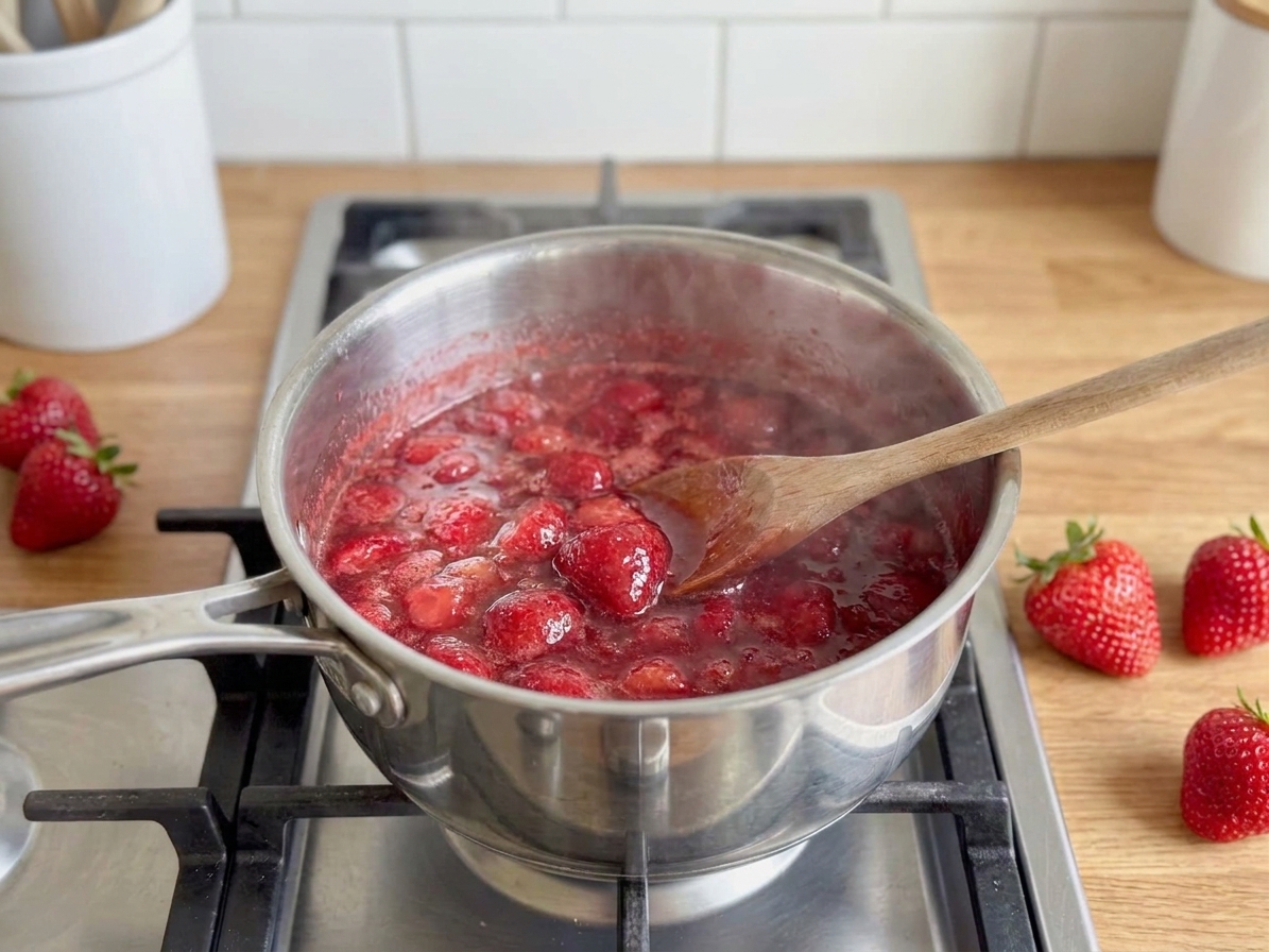 Strawberries simmering with sugar in a stainless steel saucepan on a stovetop, steam rising as the mixture turns deep red