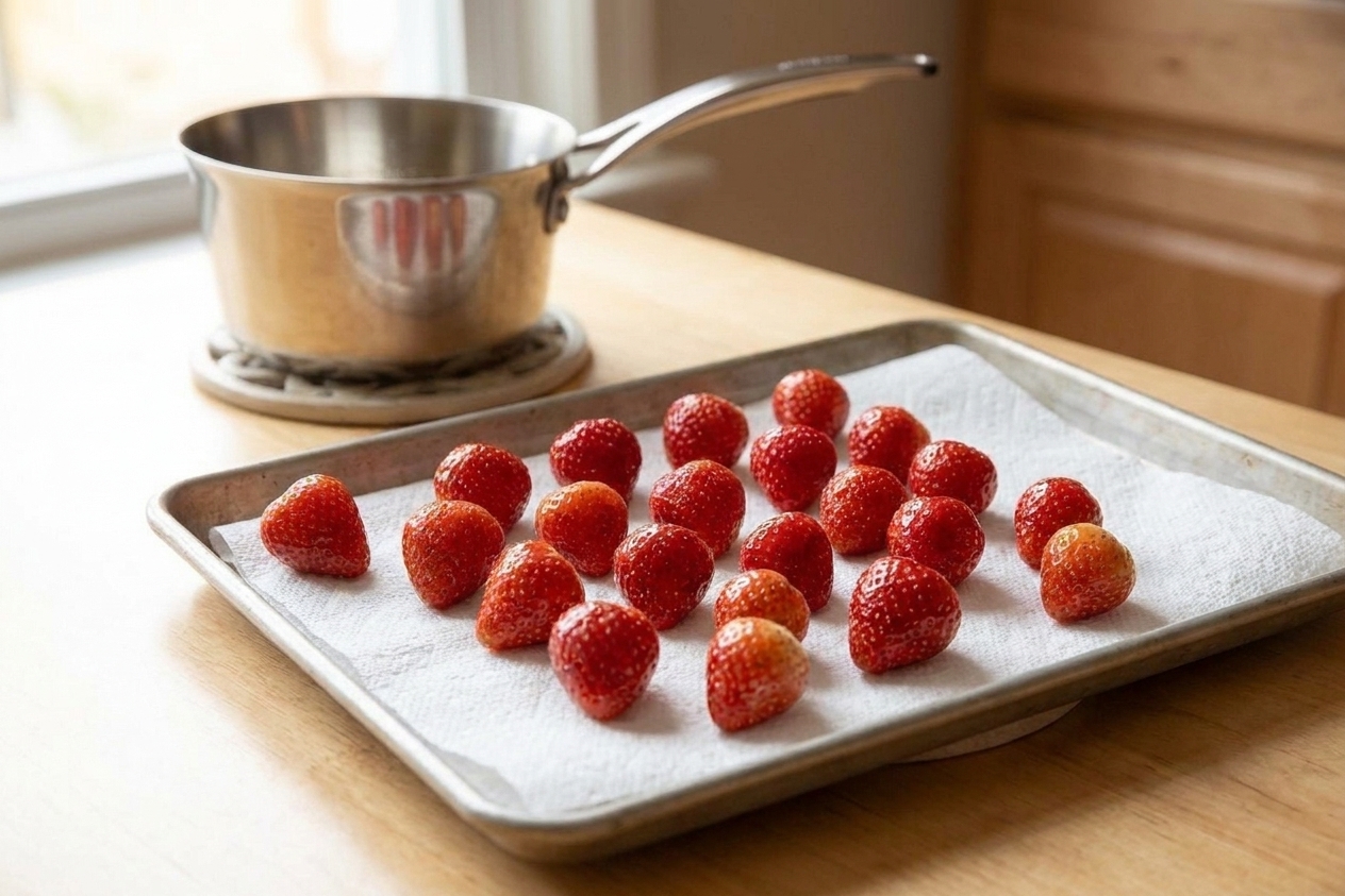 Strawberries spread out on paper towels on a baking sheet, drying on a kitchen counter