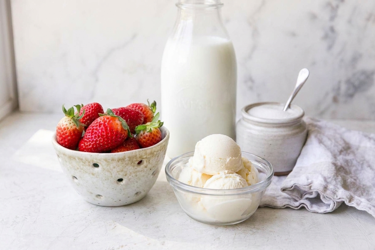 Strawberries, vanilla ice cream, milk, and sugar arranged on a tidy kitchen counter