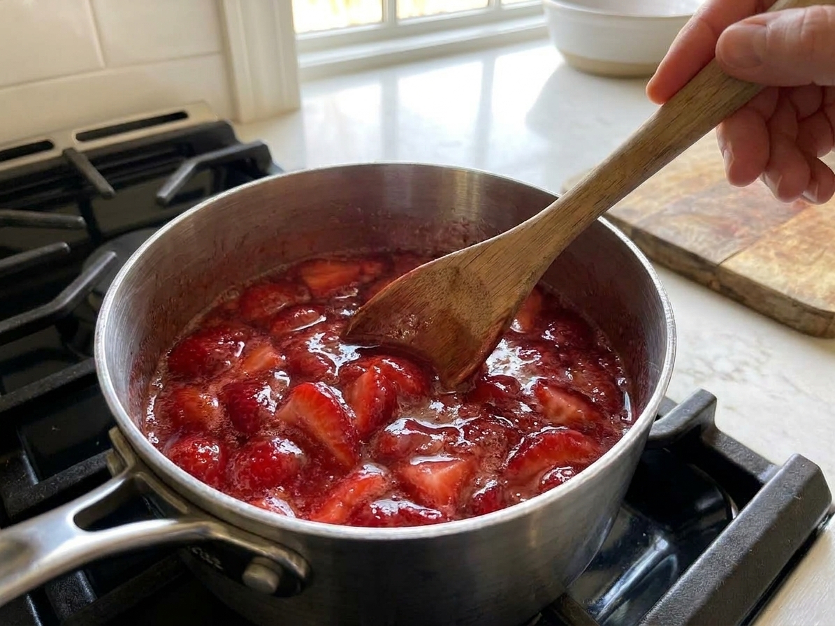 Strawberry compote gently simmering in a small saucepan on the stovetop with a spoon stirring the glossy red sauce