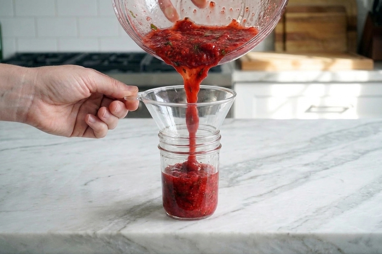Strawberry freezer jam being poured through a funnel into a small jar on a kitchen counter