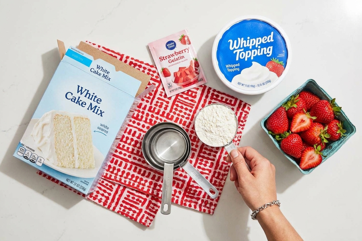 Strawberry gelatin packet, white cake mix box, fresh strawberries, whipped topping tub, and measuring cups arranged on a bright kitchen counter