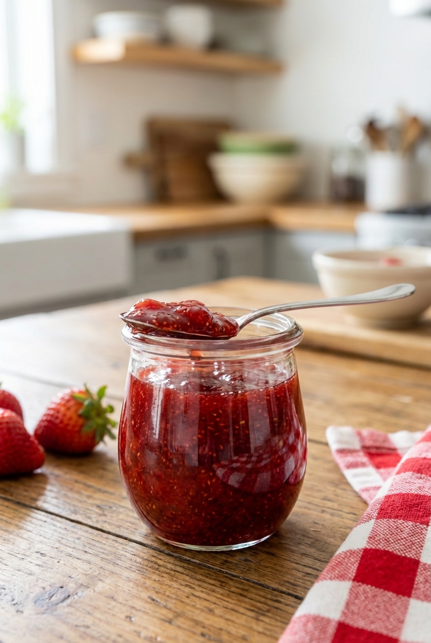 Strawberry jam in a small jar with a spoon
