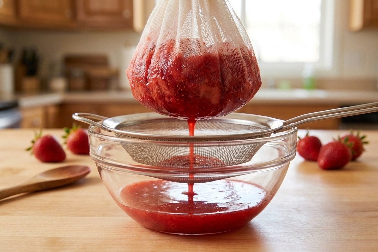 Strawberry pulp in cheesecloth set over a fine mesh strainer, with bright red strawberry juice dripping into a bowl on a kitchen counter