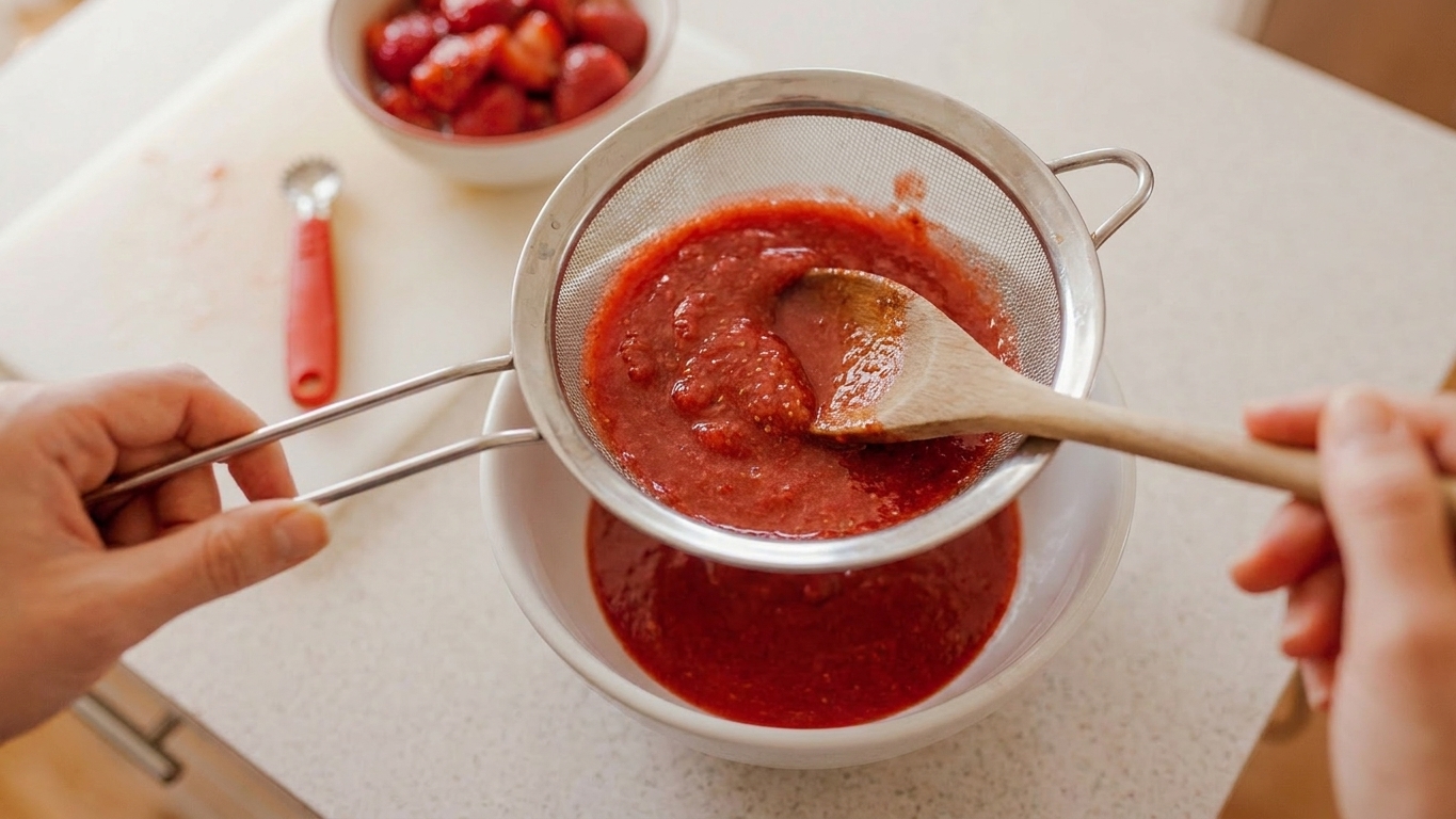 Strawberry purée being pressed through a fine-mesh strainer with a spoon into a bowl