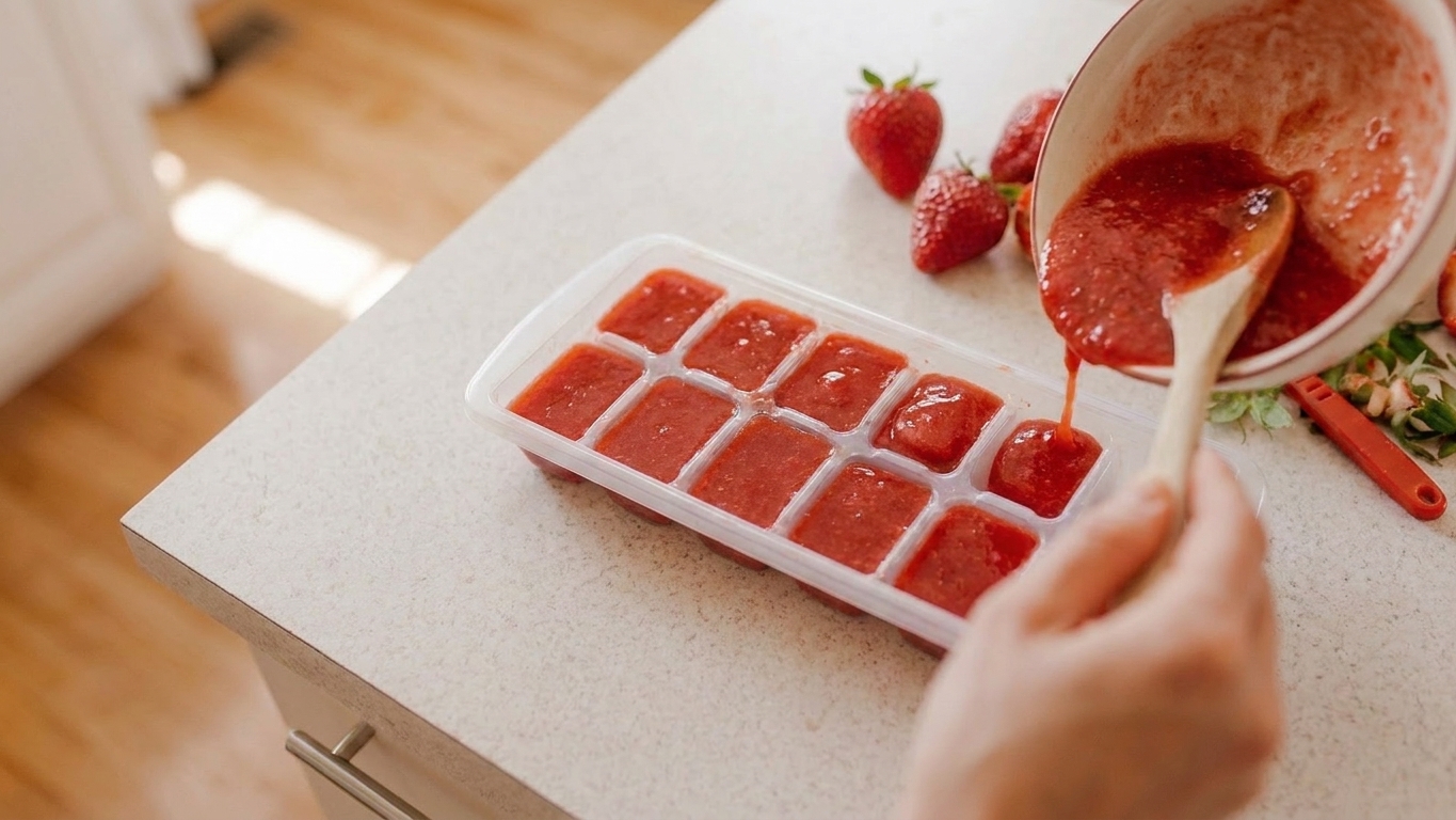 Strawberry purée portioned into an ice cube tray, ready for freezing