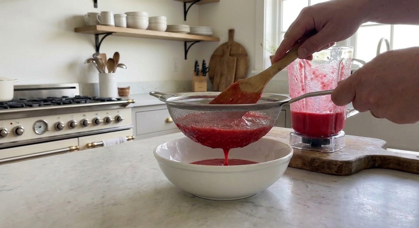 Strawberry puree being pressed through a fine mesh strainer into a bowl with a spatula