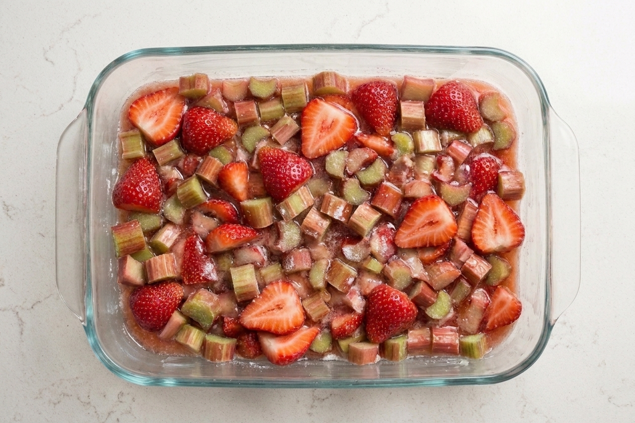 Strawberry rhubarb filling spread evenly in a 9x13 baking dish before adding the topping