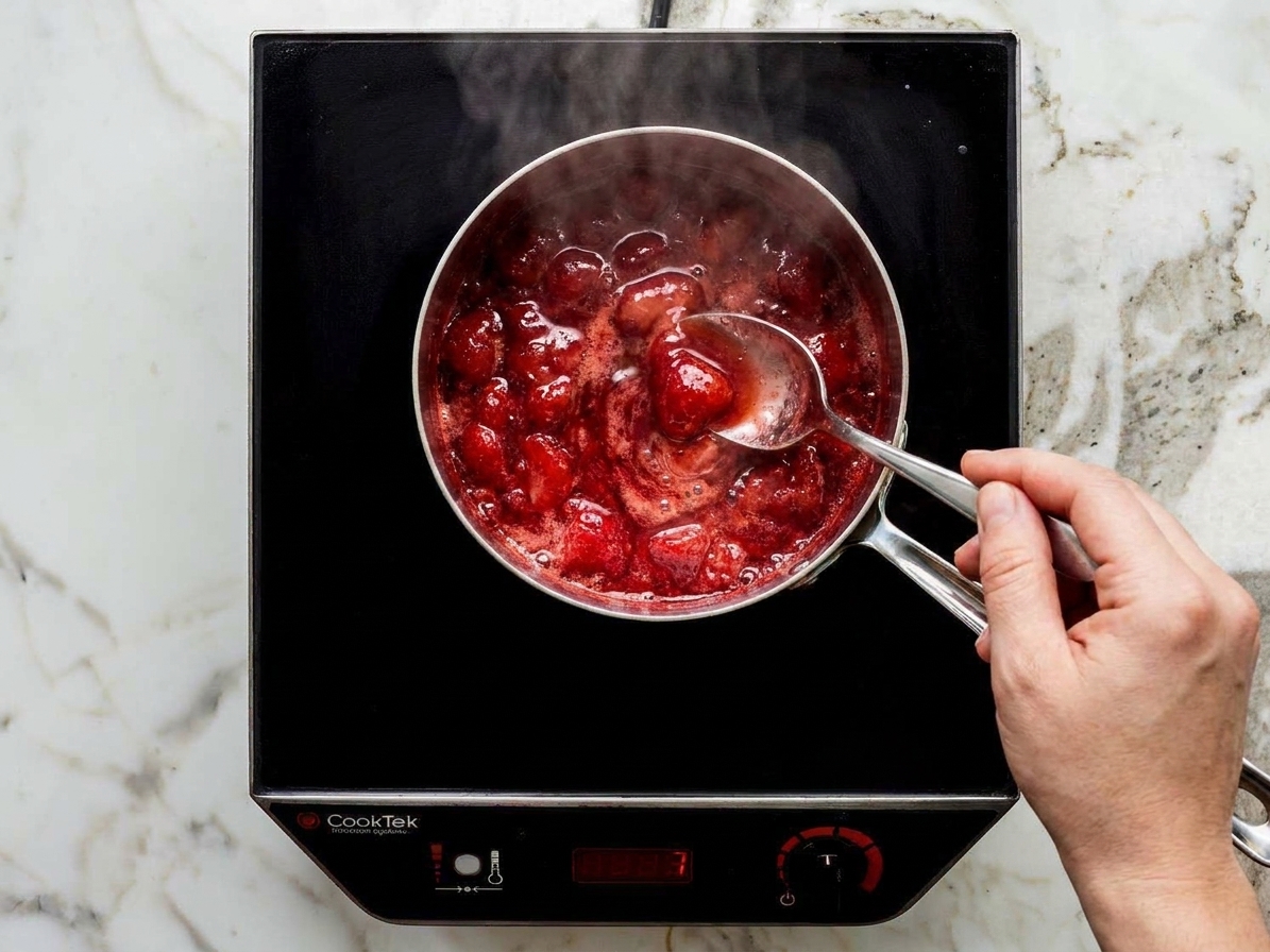 Strawberry sauce bubbling gently in a saucepan while a spoon stirs, with steam rising under warm kitchen lighting