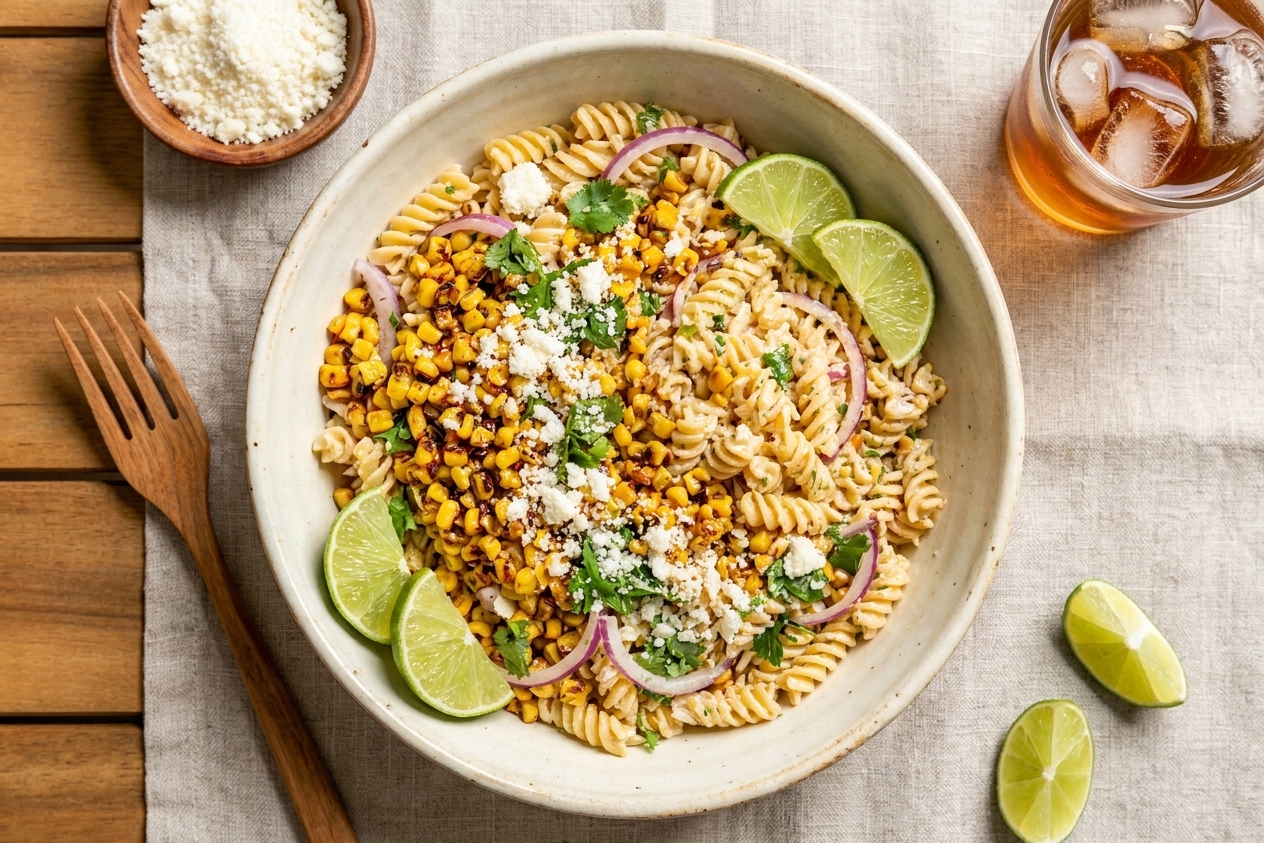 Street corn pasta salad served in a ceramic bowl with cotija crumbles, chopped cilantro, and lime wedges on a summer table setting