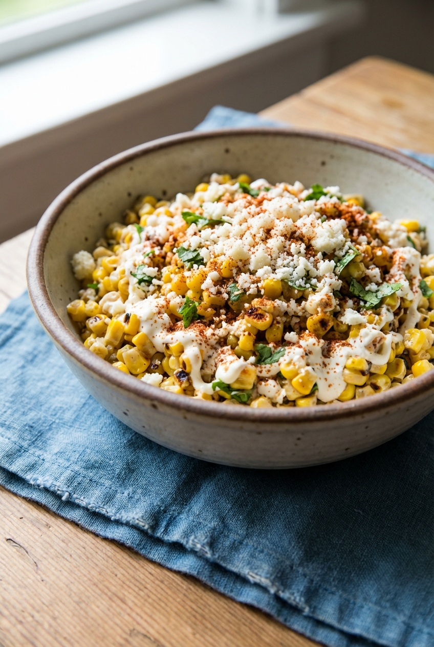 Street corn salad in a bowl with cotija cheese and chili powder
