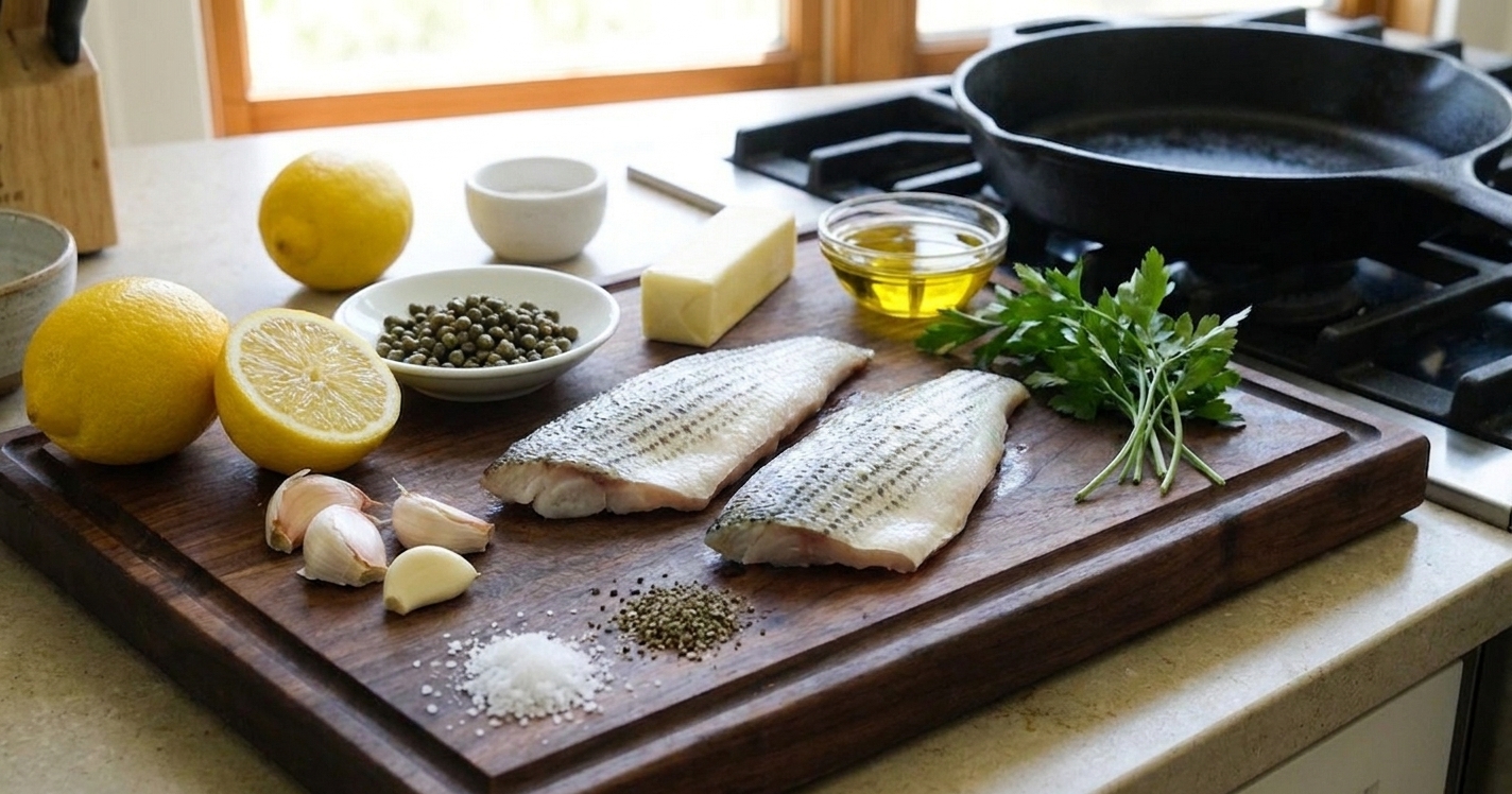 Striped bass fillets, lemons, capers, garlic, butter, olive oil, parsley, and seasonings arranged on a wooden cutting board on a kitchen counter