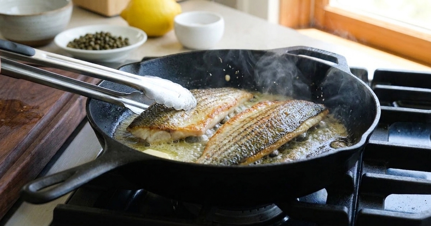 Striped bass fillets searing skin-side down in a cast iron skillet with bubbling butter and oil on a stovetop