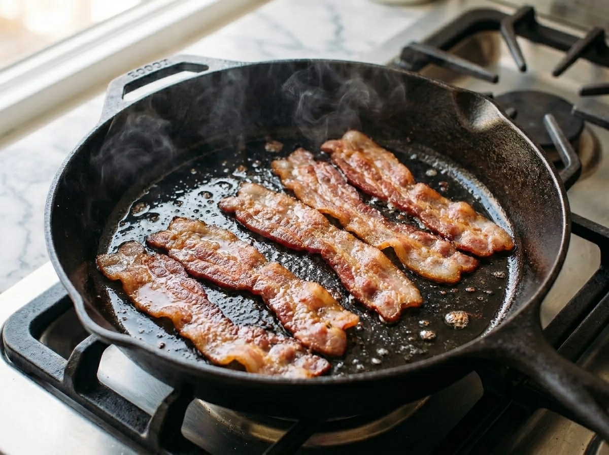 Strips of bacon sizzling in a cast iron skillet on a stovetop, rendered fat pooling slightly in warm kitchen lighting