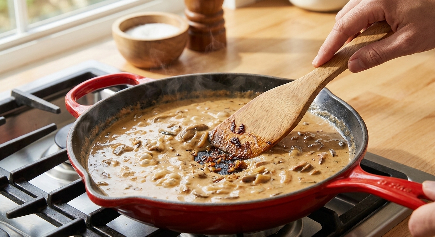 Stroganoff sauce base simmering in a skillet as a spoon scrapes browned bits from the bottom
