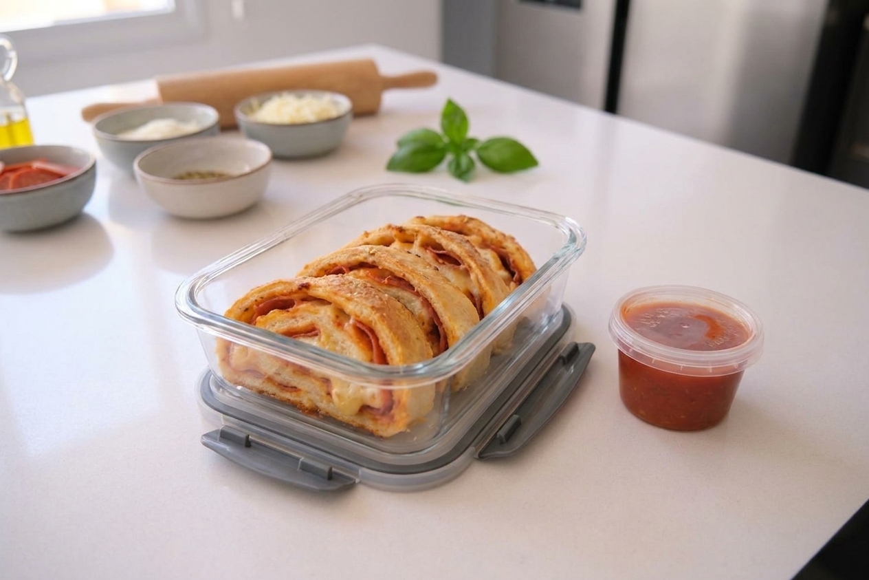 Stromboli slices arranged in a glass meal prep container with a small lidded cup of marinara on the side, on a clean kitchen counter