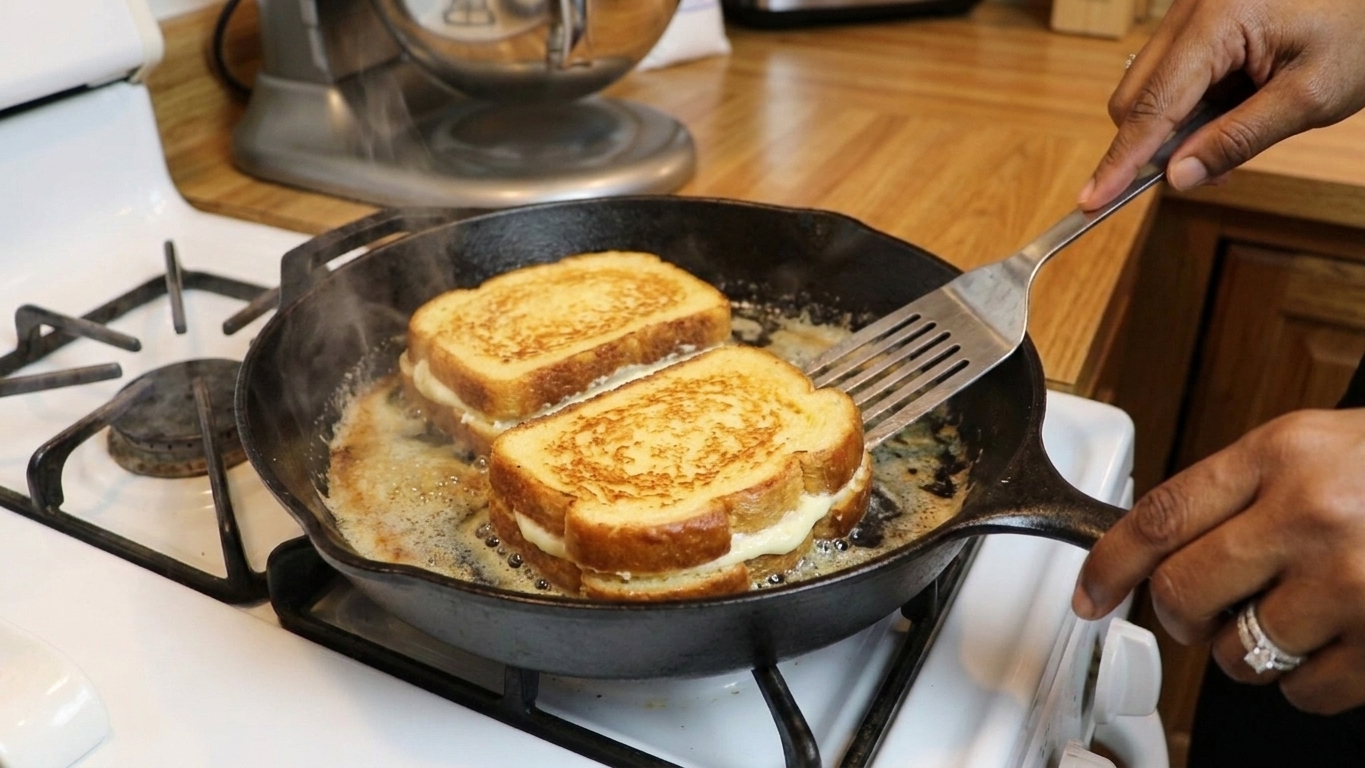 Stuffed French toast browning in a buttered skillet on a stovetop with a spatula nearby
