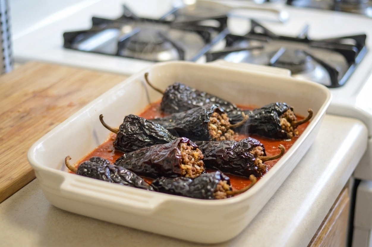 Stuffed ancho chiles arranged in a baking dish over a layer of tomato sauce on a kitchen counter