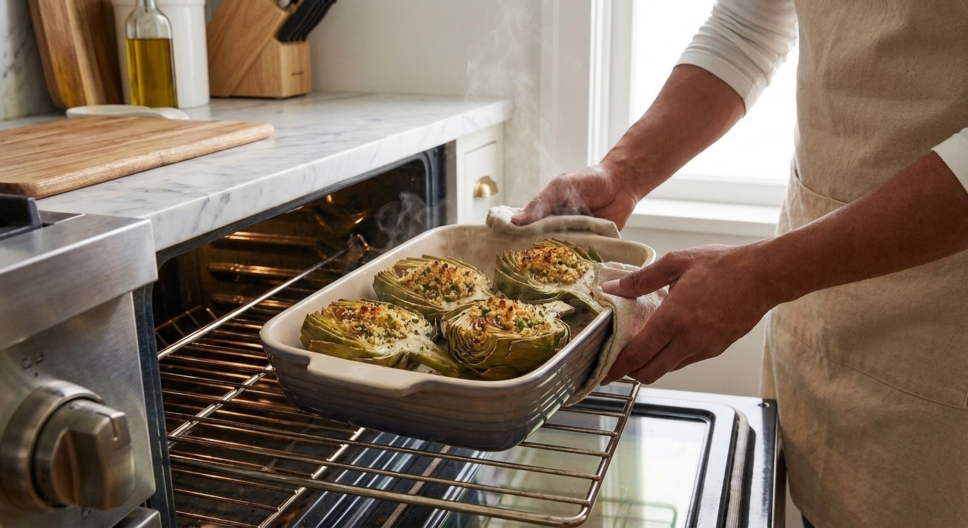 Stuffed artichokes in a baking dish with browned breadcrumb tops on an oven rack