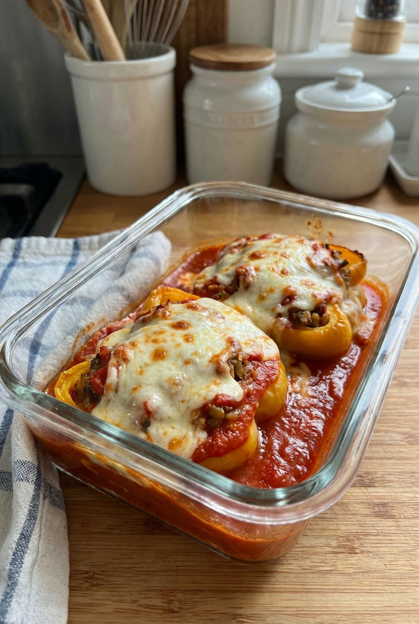 Stuffed bell pepper leftovers in a glass meal prep container with tomato sauce and melted cheese