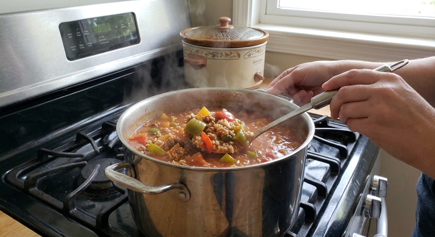Stuffed bell pepper soup simmering in a pot on the stove with visible pieces of bell pepper and ground beef in a tomato broth