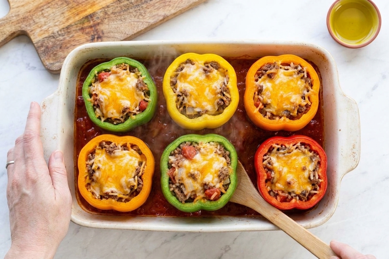 Stuffed bell peppers fresh out of the oven with bubbling melted cheese and tomato sauce in the bottom of the baking dish