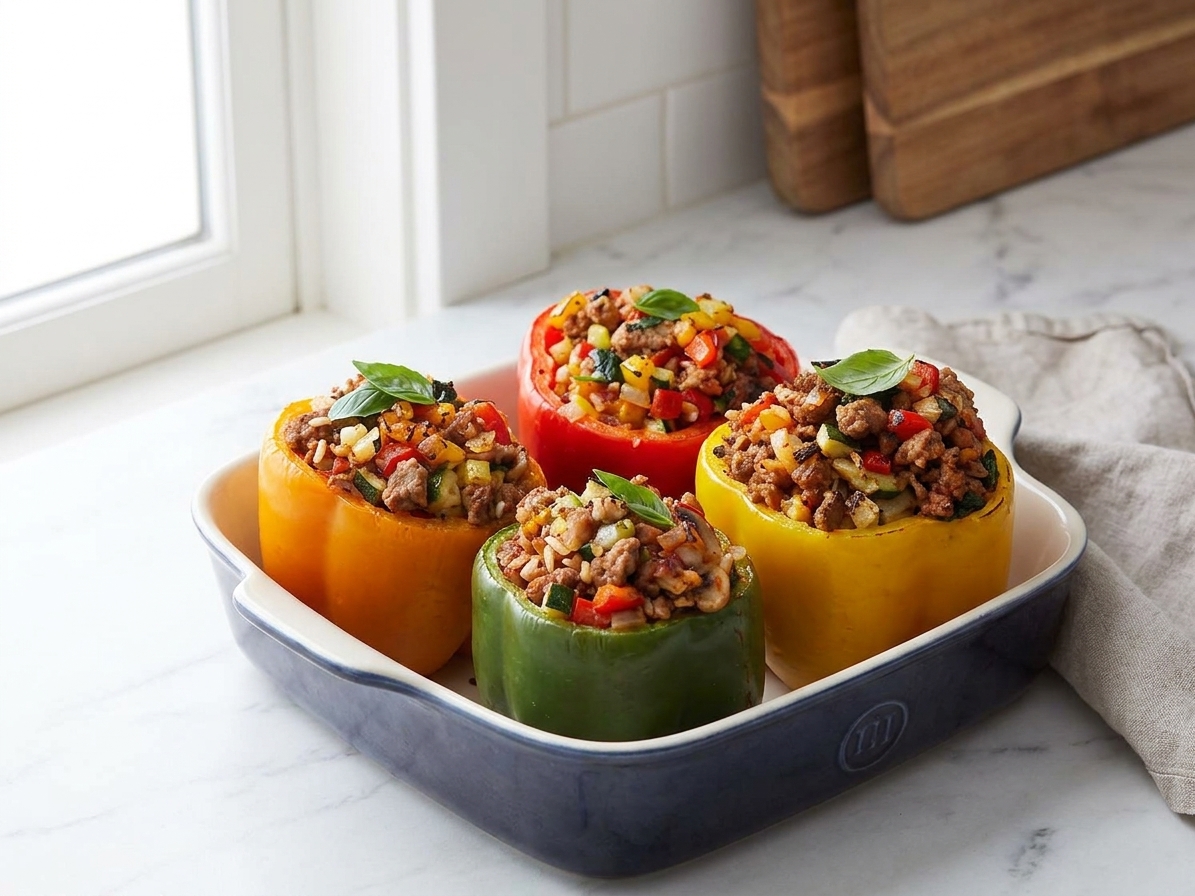 Stuffed bell peppers in a baking dish ready for the oven