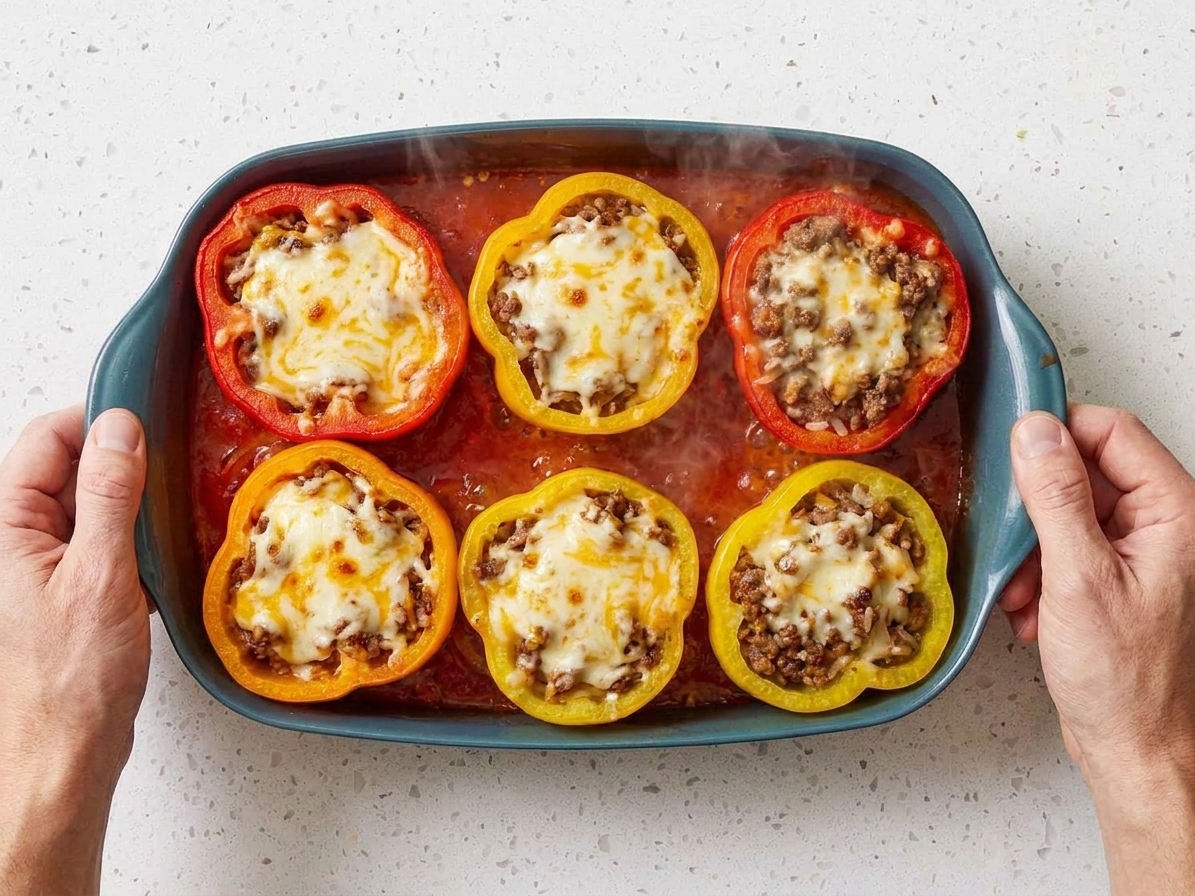 Stuffed bell peppers topped with melted cheese in a baking dish with tomato sauce bubbling around them