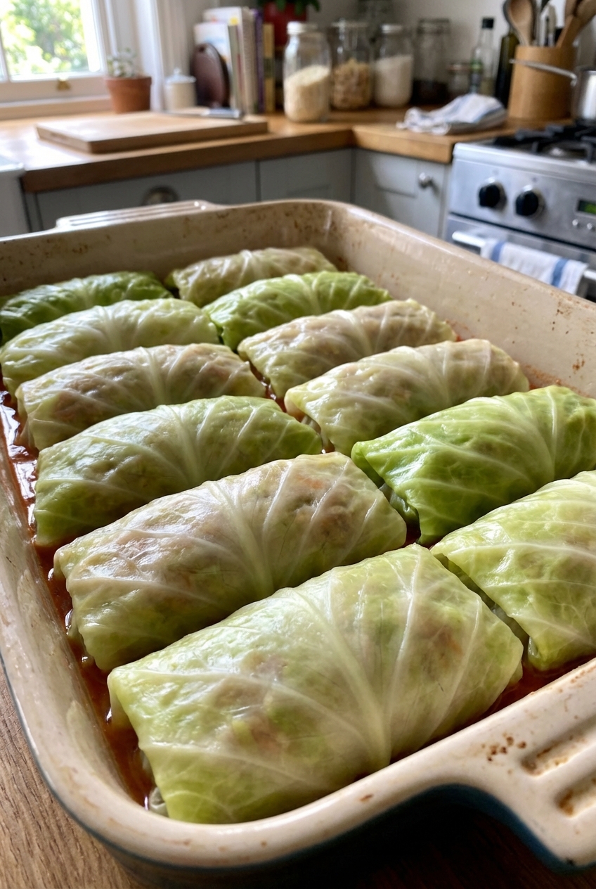 Stuffed cabbage rolls arranged seam side down in a baking dish before going into the oven