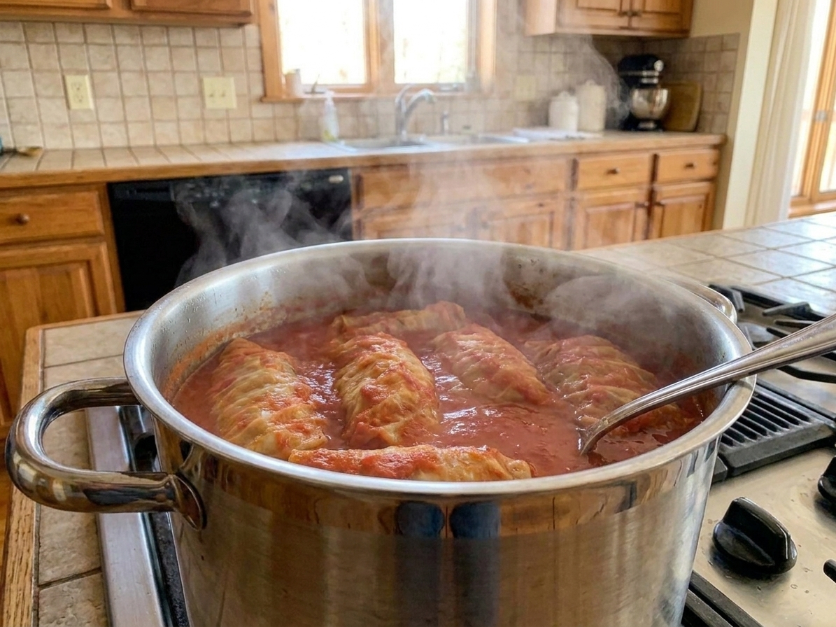 Stuffed cabbage rolls simmering in a pot of tomato sauce on a stovetop with steam rising