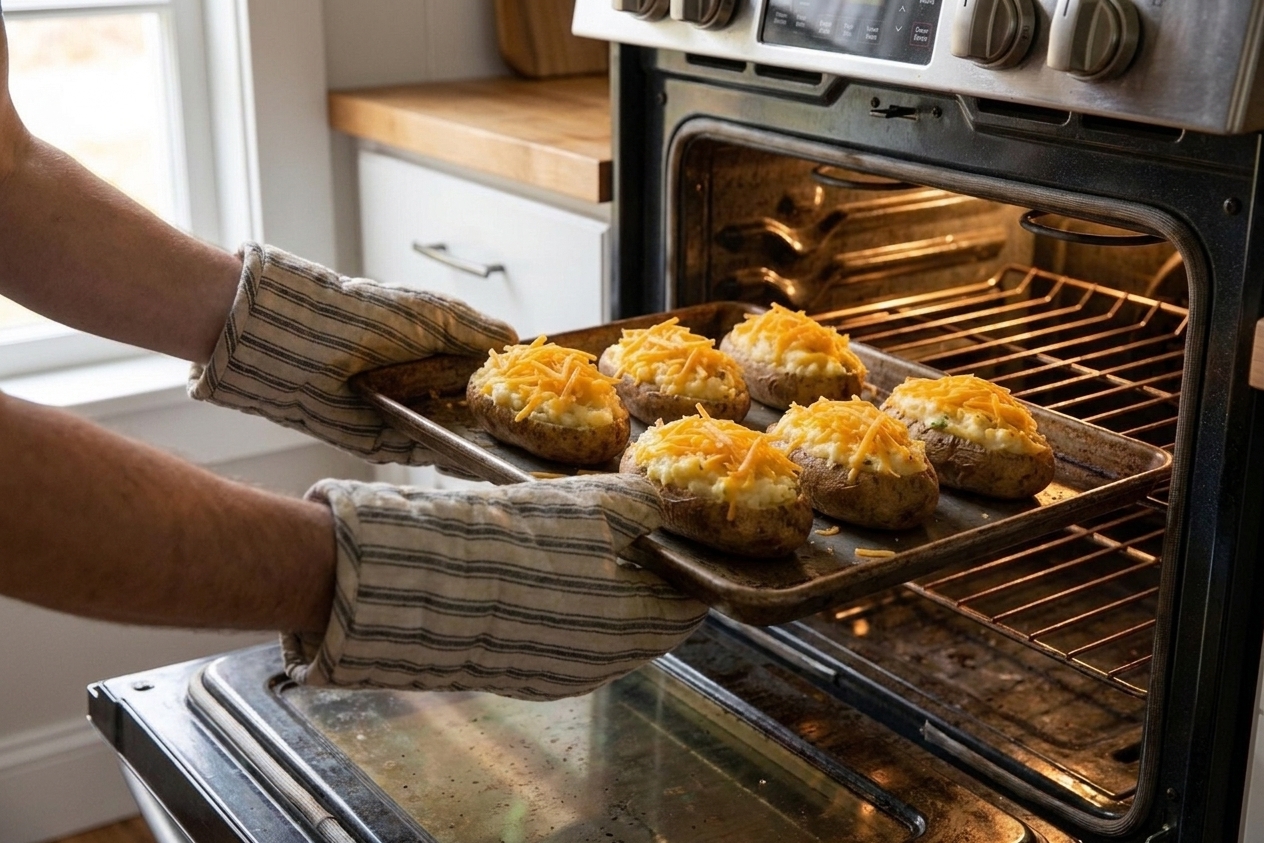 Stuffed double baked potatoes on a baking sheet being placed into an oven