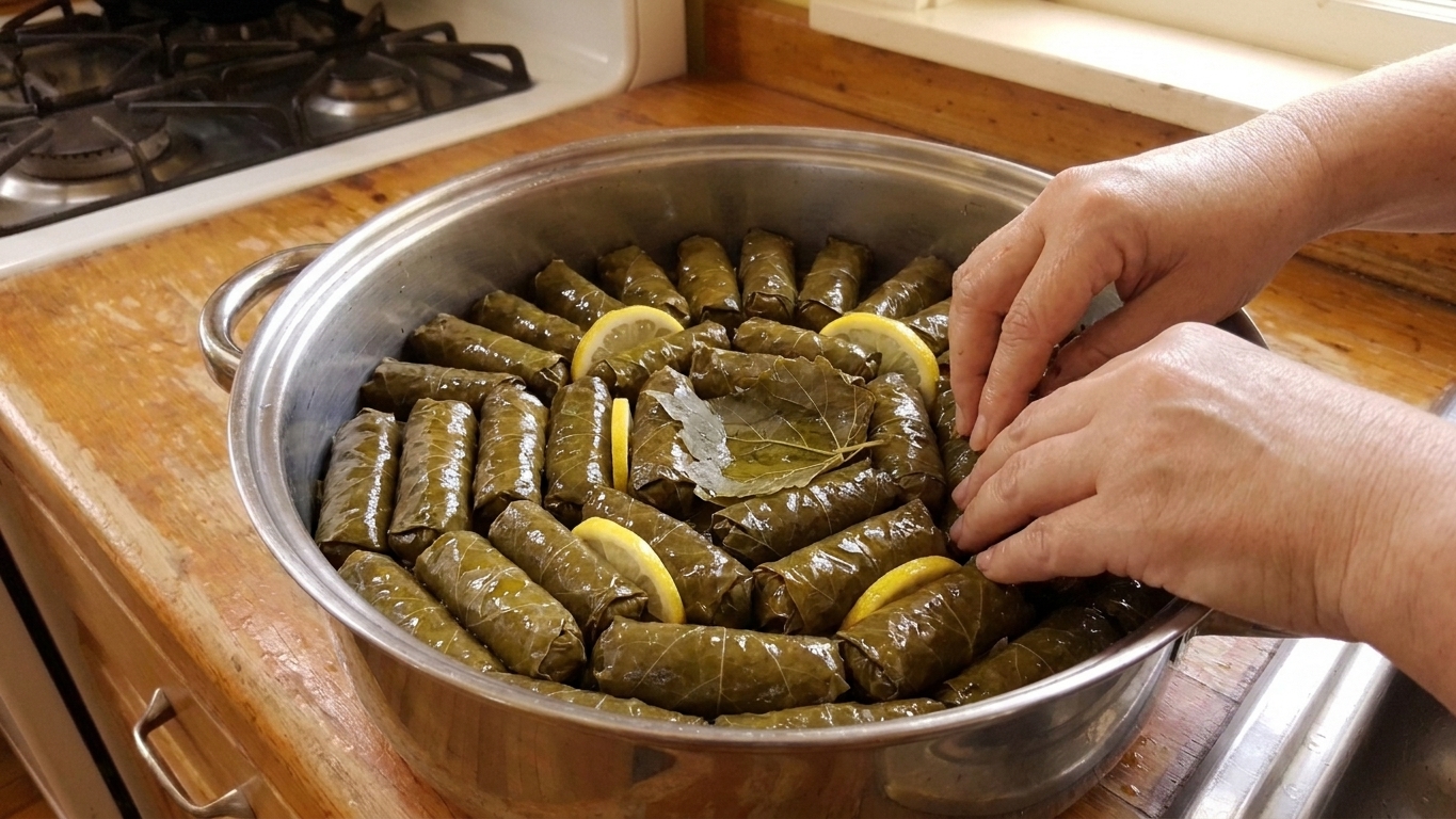Stuffed grape leaves packed tightly in a circular pattern inside a wide pot, ready to be simmered