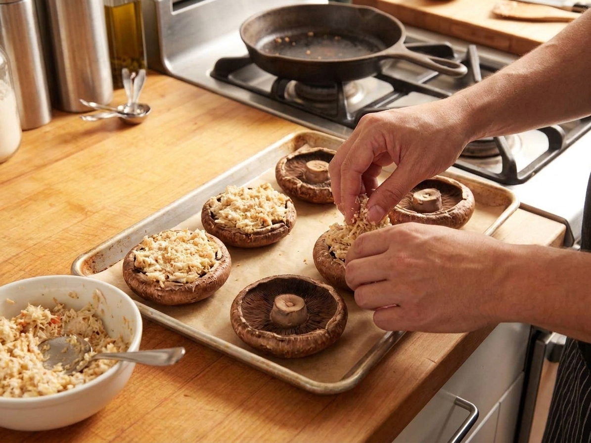 Stuffed mushroom caps being filled with crab mixture on a parchment lined baking sheet on a kitchen counter